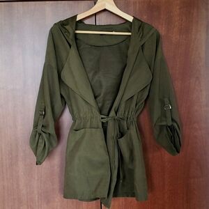 Drapey olive green jacket, tie waist